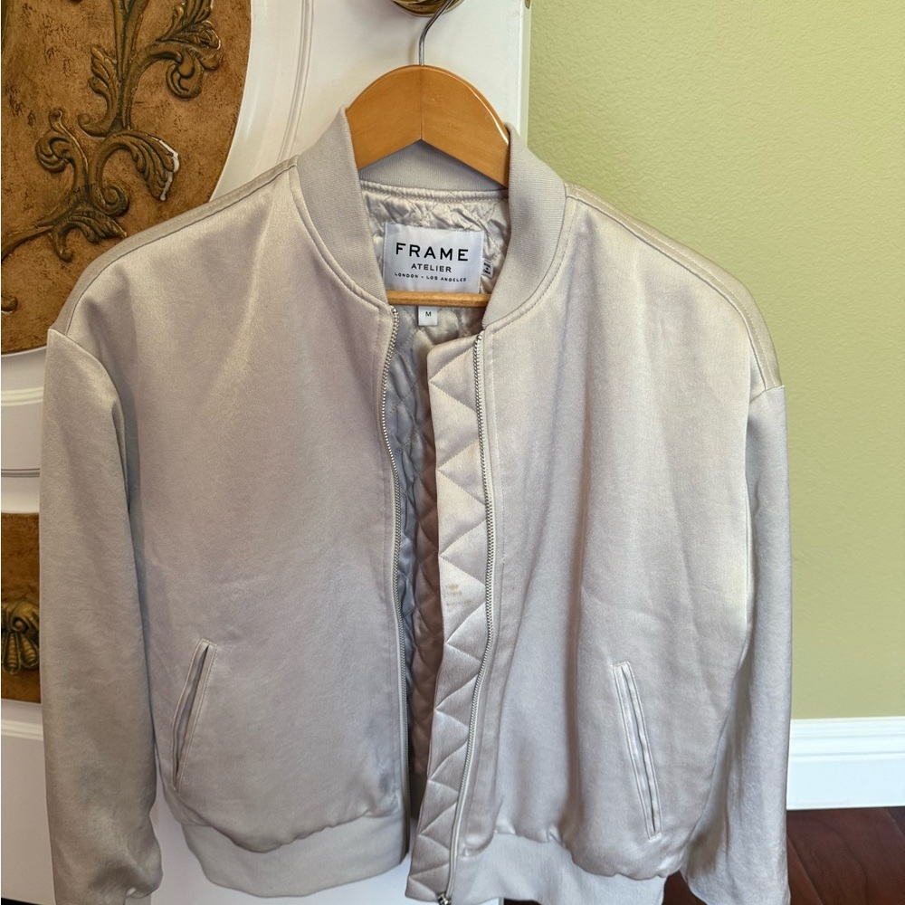 Frame Denim Quilted Satin Jacket in Cream